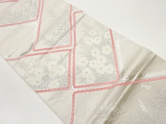 変わり檜垣に撫子草葉模様織り出し袋帯